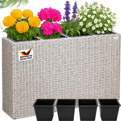 Produktbild von CASARIA® Blumenkasten 4 Innentöpfe Polyrattan Herausnehmbar Wasserablauf Outdoor Rechteckig Pflanzkasten Blumentopf Hochbeet Pflanzkübel Creme