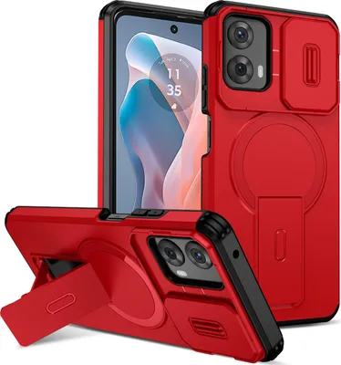 Image de Etui magnétique pour Motorola Moto G 2024, étui durable double couche avec protection coulissante de l'appareil photo et support ajustable Rouge