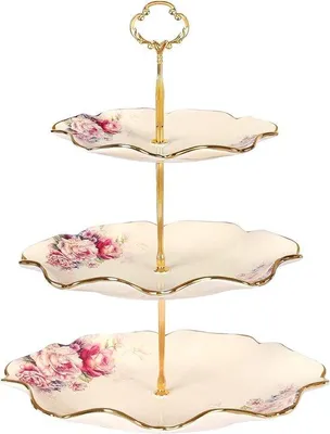 Zdjęcie produktu dla Elegancka 3-poziomowa etażerka na desery - na wesela i uroczystości - 1 sztuka - porcelana - 32 cm