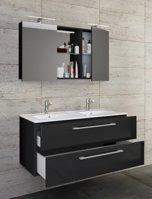 Produktbild von VCM 3-tlg. Doppel Waschplatz | 2x Waschtisch | Badmöbel Set mit Unterschrank, Waschbecken und Spiegelschrank | Doppelwaschbecken | Komplettset Budasi SC