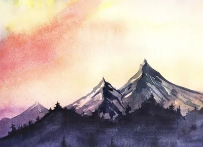 Produktbild von Aquarell Fototapete mit Bergen | Wasserfarben Tapete mit Berglandschaft in Rot Violett | Kunst Fototapete aus Vlies mit