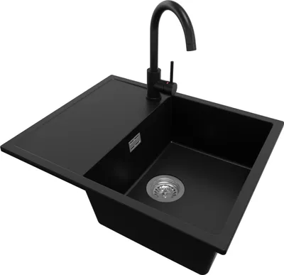 Produktbild von PRIMAGRAN Granitspüle Schwarz 62x50cm, Spülbecken 1 Becken + Küchenarmatur 32x20cm + Ablauf-Set, Küchenspüle ab 45er Unterschrank - Ibiza