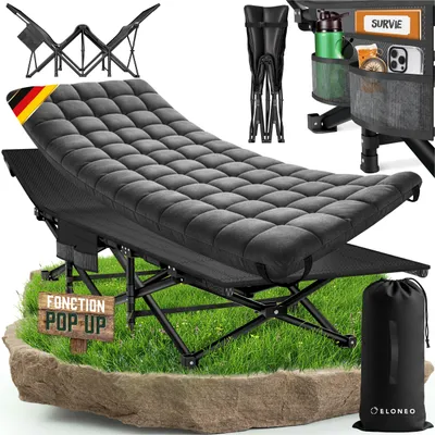 Image de Lit de camp ELONEO avec matelas rembourré – pliable, robuste, supporte jusqu'à 200 kg, idéal pour le camping et les invités