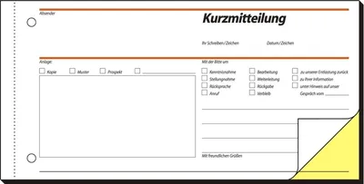 Produktbild von Formularbuch Kurzmitteilung 1/3 A4 2x40 Blatt Packung mit 10 Stück