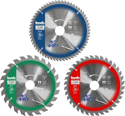 Produktbild von kwb 3-teiliges Kreissägeblatt-Set 160 x 25/20 / 16 mm für Handkreis-Sägen f. Platten-Werkstoffe u. Baustoffe aus Holz inkl. Reduzier-Ringe auf 16 u. 20 mm