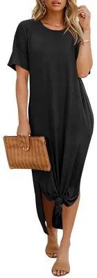 Produktbild von Langes Damenkleid mit überschnittenen Schultern, Seitenschlitzen und Taschen