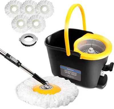 Immagine prodotto di Mocio Famanu con secchio, asta telescopica da 126 cm, 5 testine in microfibra, secchio per la pulizia con pedale