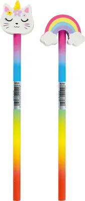 Produktbild von Bleistift Stylex Rainbow Cat, HB, bunt, rund, ungespitzt, 195 mm, Radiergummi-Topper, 24 Stück
