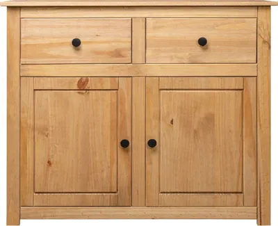 A wooden sideboard with two drawers and two cabinet doors.