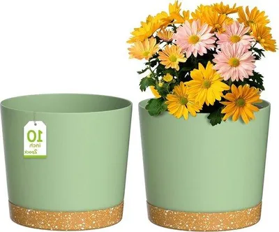 Immagine prodotto di Vasi moderni da 25 cm con fori di drenaggio e sottovaso - Verde - Set da 2 pezzi