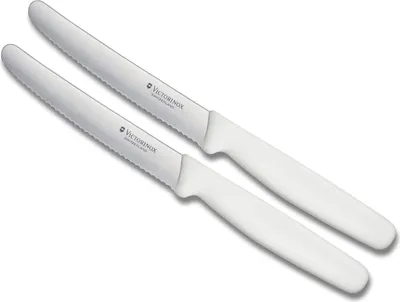 Produktbild von Victorinox Küchenmesser-Set 2 Stück Weiß | 11 cm Klingenlänge | extra scharfer Wellenschliff | Tafelmesser & Küchenmesser | ergonomischer Griff | ideal für Brot Tomaten Obst Gemüse