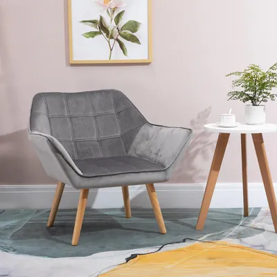 Zdjęcie produktu dla Fotel HOMCOM do salonu, fotel wypoczynkowy, fotel relaksacyjny z nogami z drewna kauczukowego, fotel do czytania z aksamitnym wykończeniem, tapicerowany fotel do sypialni, skandynawski, szary