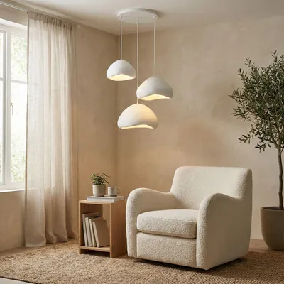 Immagine prodotto di Opviq, moderna lampada da soffitto in metallo, bianca, regolabile in altezza (80-115 cm) | 3 misure: 32x28x22 cm, 40x38x25 cm, 50x46x32 cm | Attacco E27, IP20, design elegante per ogni ambiente.