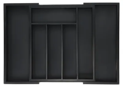 Immagine prodotto di Portaposate Relaxdays, estraibile, da 5 a 7 scomparti, sistema di organizzazione per cassetti, bambù e MDF, organizer per posate, nero, Immagine generata dall'IA