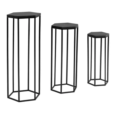 Produktbild von Beistelltisch 3er Set Mango Massivholz / Metall Satztisch Sechseckig, Säulentisch Pflanzentisch 3-teilig Schwarz, Blumenständer Blumentisch Wohnzimmer, Pflanzenhocker Blumenhocker