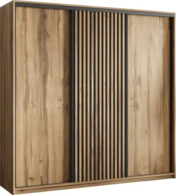 Produktbild von Masseno Schiebetürenschrank VONTE 200/205/60 cm Kleiderschrank mit Lamellen und Schubladen Schlafzimmer Schrank 3-türig Eiche Wotan + Schwarz