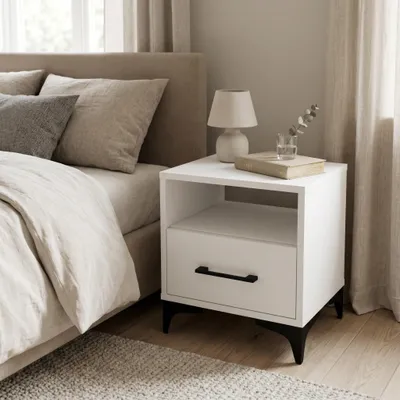 Image de Table de chevet blanche à LED avec tiroir et compartiment, commode de chevet moderne pour chambre à coucher
