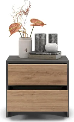 Zdjęcie produktu dla regalik szafka nocna PARI z dwiema szufladami 50x45x35 cm - Szafka nocna z szufladą z prowadnicami kulkowymi Tip on - Szafka nocna o nowoczesnym designie w kolorze grafitowego dębu