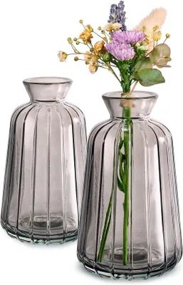 Produktbild von Famanu Mini-Glasvasen Set von 6 - Vintage Stil - Robuste kleine Vasen - Spülmaschinenfest - Ideal für Tischdekoration bei Hochzeiten - Grau