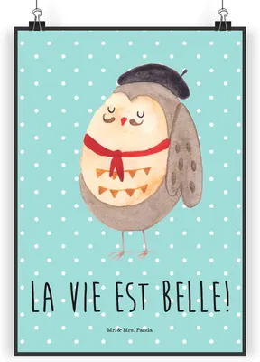 Produktbild von Mr. & Mrs. Panda Bild Eule Frankreich DIN A5 - Türkis Pastell - Geschenk, Owl, drucke, kunstdruck poster, Spruch, Französisch, Wanddekoration, Plakat, wanddeko