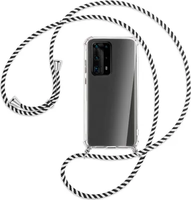 Produktbild von Handykette Backcover-Schutzhülle mit Band (Metall silberfarben) für Huawei P40 Pro Plus - schwarz/weiß gestreift