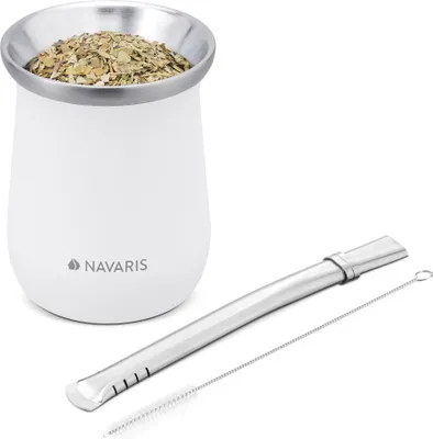 Produktbild von Navaris Yerba Mate Tee Set - Mate Tee Becher - Tee Tassen Set - Einfache Zubereitung und Reinigung - Mate Becher - Strohhalm und Bürste -