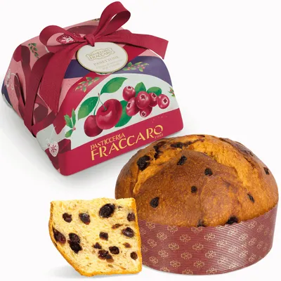 Produktbild von Handwerklicher Panettone mit Preiselbeeren und schwarzen Kirschen, 750 g – Pasticceria Fraccaro 1932, Teig mit Mutterhefe –  Italy