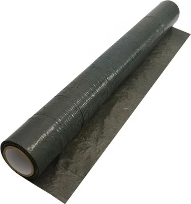 A roll of dark gray construction film is shown on a white background.