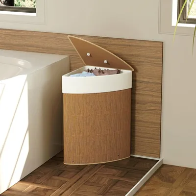Produktbild von Bambus Wäschekorb mit Deckel und Herausnehmbarer Wäschesack Eckdesign 55 L Wäschebehälter Wäschesammler für Badezimmer Braun