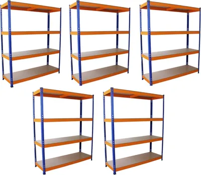 Produktbild von Monster Racking Sparangebot 5 x S-Rax Schwerlastregal Lagerregal Garagenregal Stahlregal Industrieregal Werkstattregal Steckregal Metallregal 100% schraubenlos blau-orange 150cm x 50cm x180cm + Gratis Gummihammer