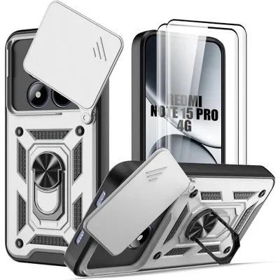 Image de Coque + 2 Verres Trempés pour Xiaomi Redmi Note 15 Pro 4G, avec Anneau et Protection Caméra - Argenté