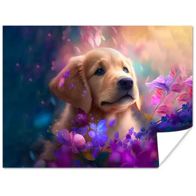 Produktbild von MuchoWow® Poster Hund - Welpe - Sonne - Blumen - Golden Retriever 160x120 cm - Foto Plakat