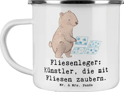 Produktbild von Mr. & Mrs. Panda Emaille Becher Fliesenleger Künstler - Weiß - Geschenk, Geschenke für Berufstätige, Kaffeepott, Beruf, Tasse, Berufsleben, Handwerk, Teetasse, Pott