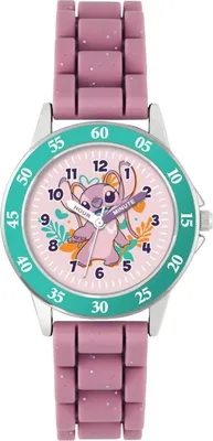 A close-up, front-facing studio shot of a children's watch with a pink band and a light pink face featuring the character Angel from Lilo & Stitch.