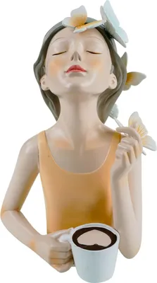 A decorative bust of a woman holding a coffee cup, with butterflies on her head and shoulder.
