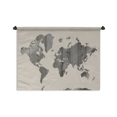 Produktbild von MuchoWow® Wandteppich Wandbehang Weltkarte - Holz - Regal 150x112 cm Tapisserie Dekoration Wandtuch - Wanddecke - Wandteppiche