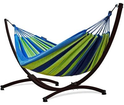 Produktbild von Potenza Outdoor Hängematte mit Gestell für 2 Personen I Baumwolle Doppelhängematte XXL 220x160, 200kg I Braun Hängemattengestell 220kg, wetterfest