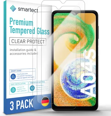 A product package for tempered glass screen protectors for a smartphone, with a phone displaying a colorful abstract image shown next to it.