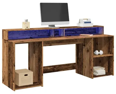 Productafbeelding van Bureau - Werktafel - Laptoptafel - Computertafel - Bureau Oud Hout - RGB LED-Verlichting