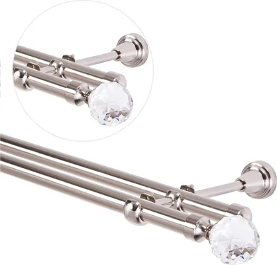 Produktbild von Gardinenstange 140 cm für Wandmontage, Vorhangstange 19 mm 2-läufig Edelstahloptik, Gardinenstangenset mit Kugel Kristall