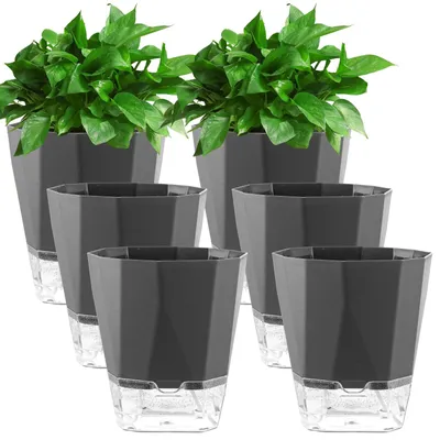 Productafbeelding van Omgoods - Zelfwaterende Bloempotten - Set van 6 - Grijs - Voor Binnen en Balkon
