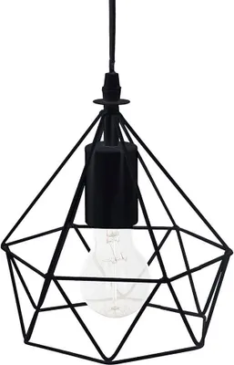 A black pendant light with a geometric metal cage and a visible light bulb.