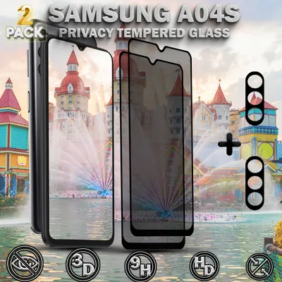 Produktbild von 2-Pack Sichtschutz Schutzfolie SAMSUNG A04S & 2-Pack Linsschutz - Gehärtetes Glas 9H - Premium 3D Qualität