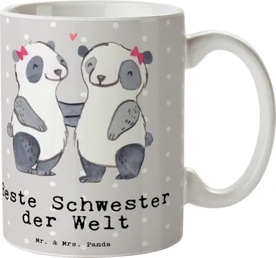 Produktbild von Mr. & Mrs. Panda Kaffeetasse Panda Beste Schwester der Welt - Grau Pastell - Geschenk, Familie, Kaffeebecher, Danke, Teetasse, Bedruckte Tasse, Henkelbecher, Liebe