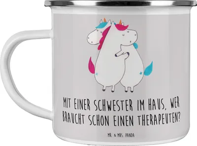 Produktbild von Mr. & Mrs. Panda Haferl Schwester Glück - Grau Pastell - Geschenk, Handarbeit, Kaffeepott, becher emaille, Geschenke, Tasse, Teetasse, Pott, Erinnerungen, Familie