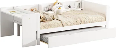 Produktbild von 90*200cm, Flachbett, mit ausziehbarem Bett, mit Schreibtisch, drei Regale an der Seite des Bettes, Weiß