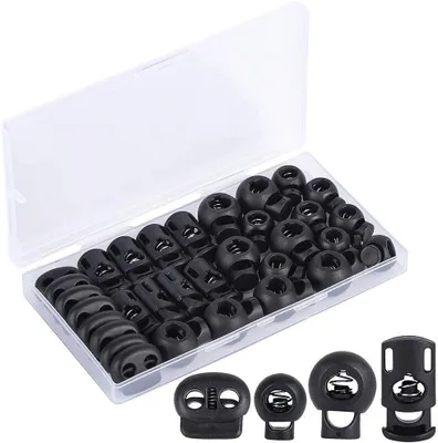 Produktbild von (32 Stück) Kunststoff-Kordelzugschnalle, federbelasteter Kordelstopper, Kordelversteller mit einem/zwei Löchern, geeignet für Schnürsenkel, Rucksäcke, Paracords usw.