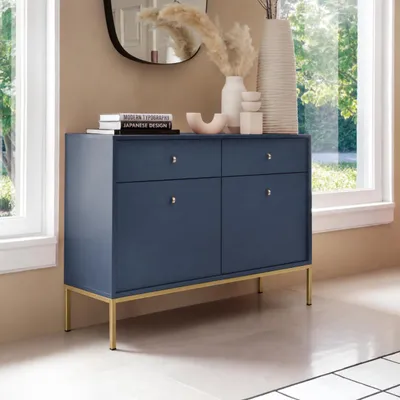Produktbild von RAVIO Stilvolle Kommode Bari KSZ104 Sideboard zwei Schubladen und zwei Türen Wohnzimmer Anrichte (Dunkelblau + Goldene Beine), KI-generiertes Bild