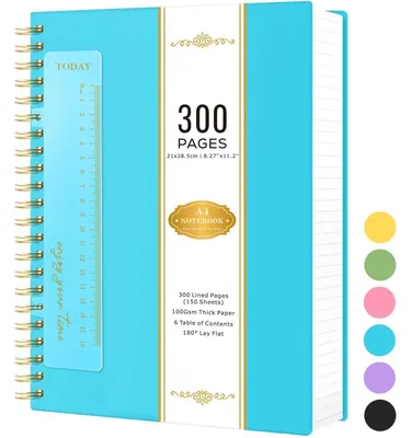 Obrázok produktu pre A4 zápisník s linkami, spirálová väzba, 300 strán, 100 g/m², obal z PVC, modrej farby, rozmer 21 x 28,5 cm