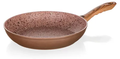 A frying pan with a speckled interior and a wooden handle is shown against a white background.